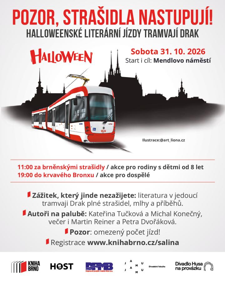 Oficiální pozvánka na rodinnou halloweenskou jízdu tramvají Drak v Brně.